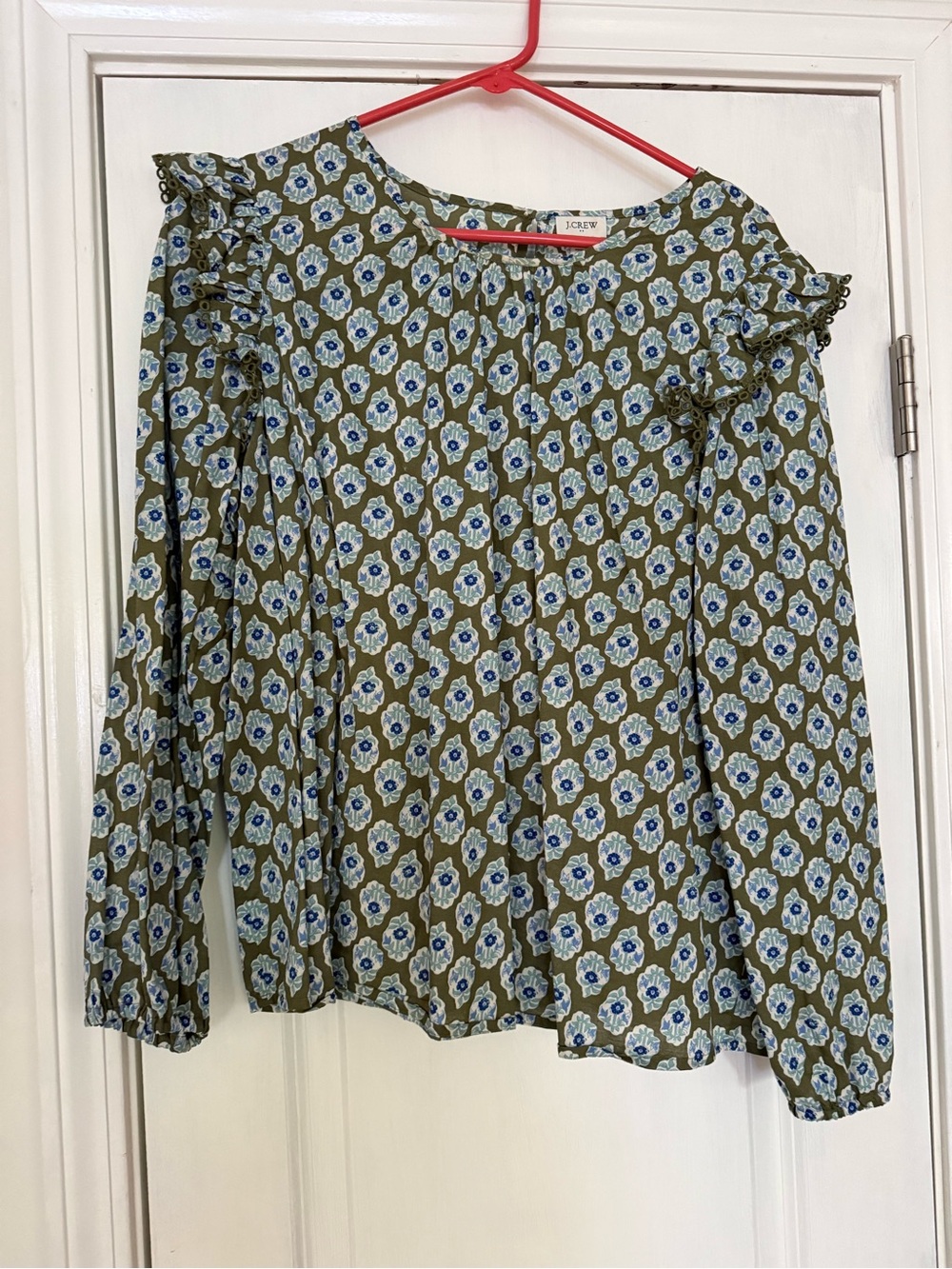 J. Crew Olive Floral Ruffle Shoulder Blouse with Blue Accents